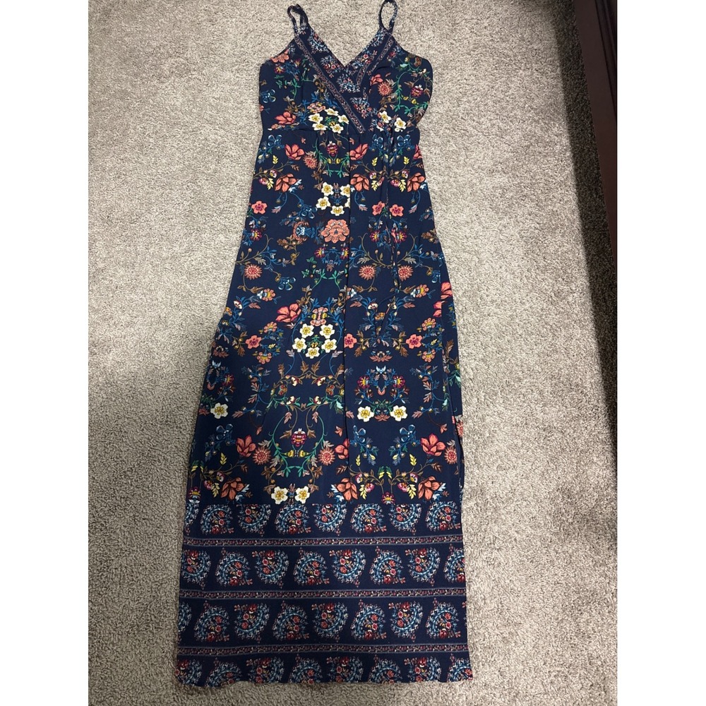 Monteau Los Angeles Navy Floral Paisley Maxi Dress Small V-Neck Boho Slit Y2K